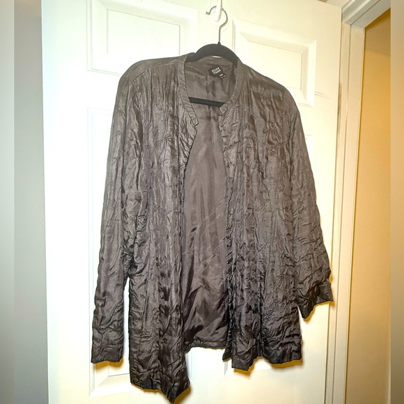 Eileen Fisher Brown 100% Silk Crinkle Open Cardigan Blazer Large Pockets - Picture 1 of 6